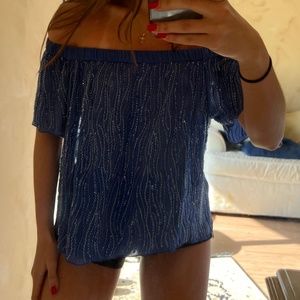 Parker off the shoulder beaded top blue